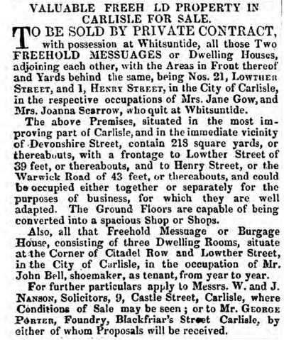 Sale of 1 Henry Street, Carlisle, 1853